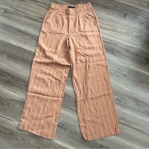 ONE 5 ONE Lenin Blend Tan White Pin Stripe Wide Leg Trousers Women Size Small-M